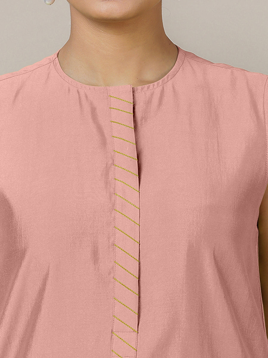 Adah x Rozaana Kurta, in Pink Viscose, featuring sleeveless and jewel neckline, made for daily & work (view 3).