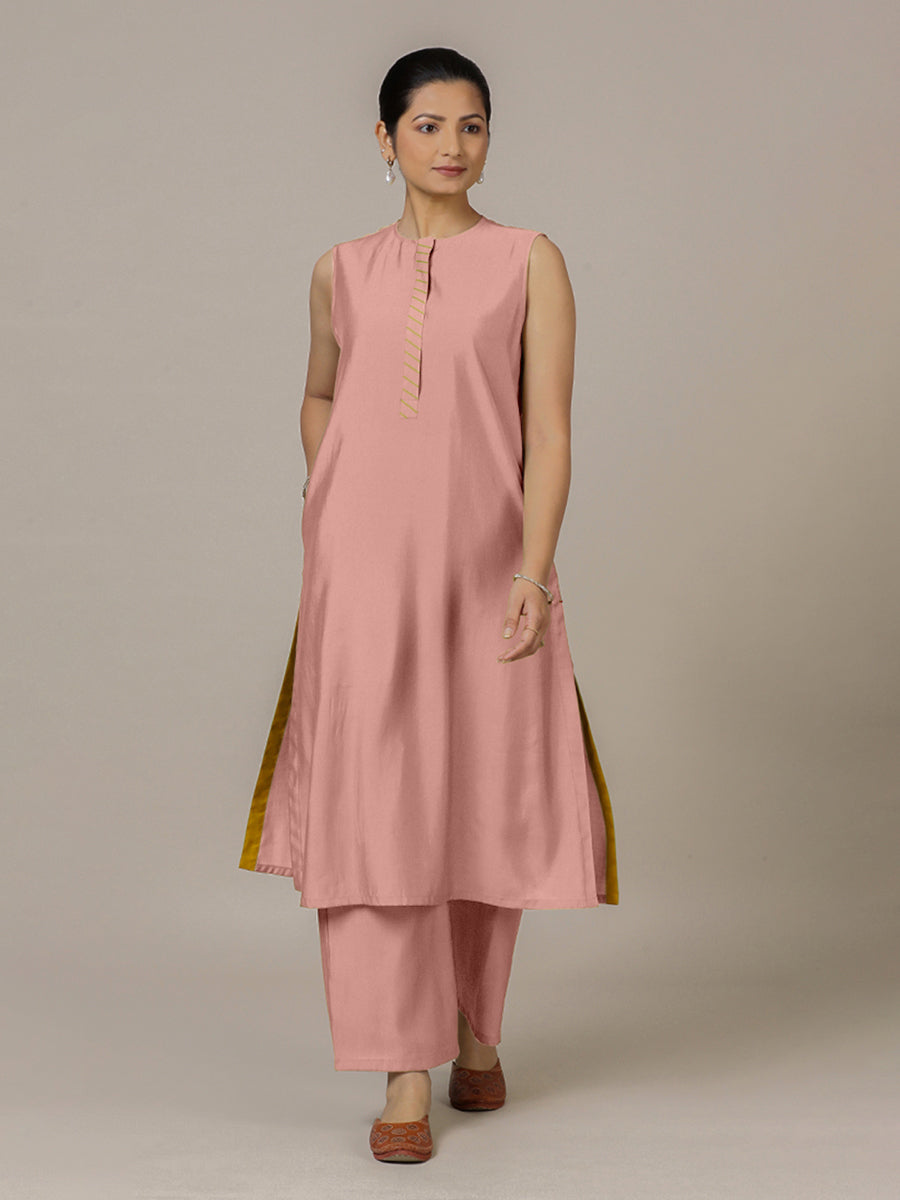 Adah x Rozaana Kurta, in Pink Viscose, featuring sleeveless and jewel neckline, made for daily & work (view 6).