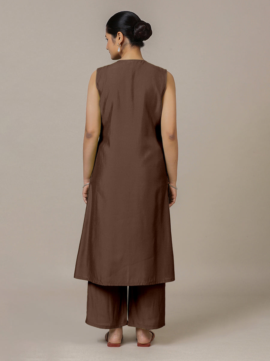 Adah x Rozaana Kurta, in Brown Viscose, featuring sleeveless and jewel neckline, made for daily & work (view 3).