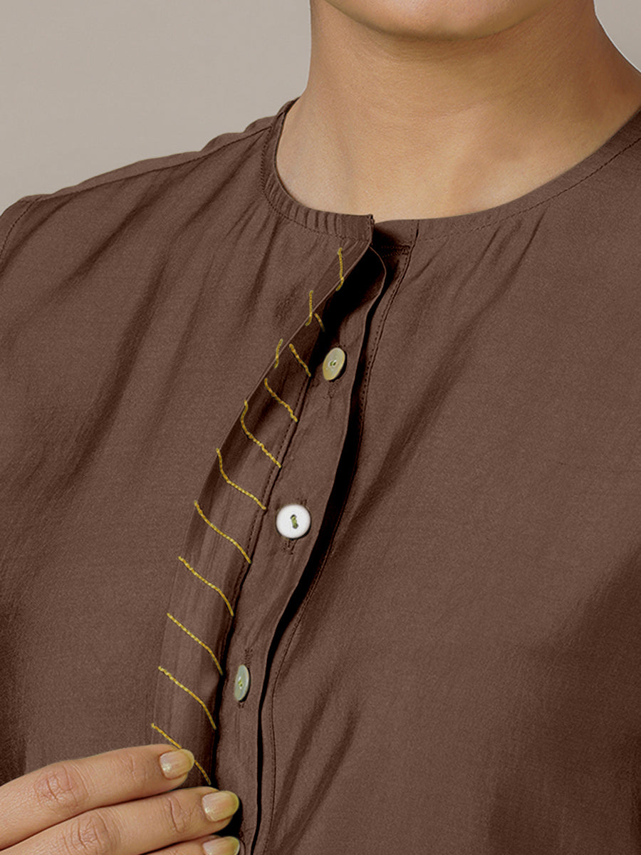 Adah x Rozaana Kurta, in Brown Viscose, featuring sleeveless and jewel neckline, made for daily & work (view 5).