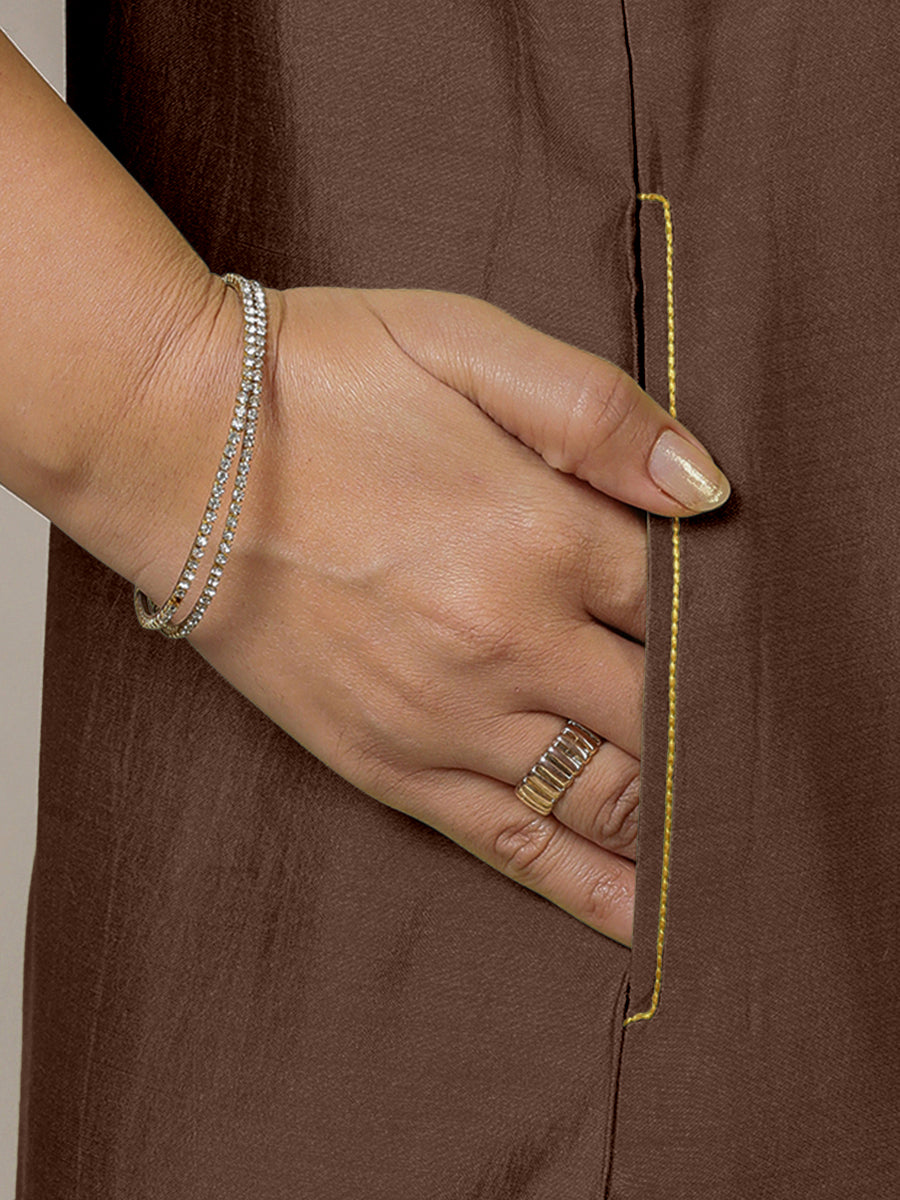 Adah x Rozaana Kurta, in Brown Viscose, featuring sleeveless and jewel neckline, made for daily & work (view 6).