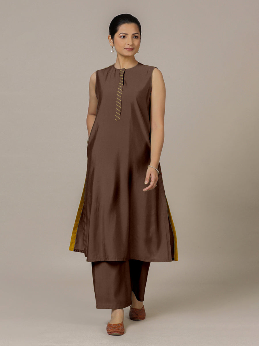 Adah x Rozaana Kurta, in Brown Viscose, featuring sleeveless and jewel neckline, made for daily & work (view 7).