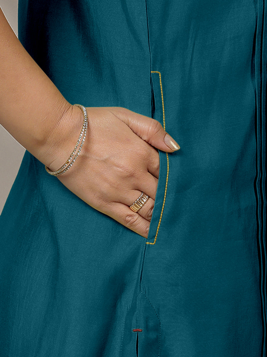 Alina x Rozaana Kurta, in Blue Viscose, featuring sleeveless and flat collar neckline, made for daily & work (view 4).