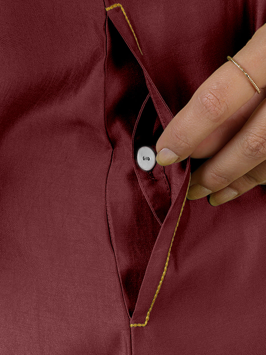 Alina x Rozaana Kurta, in Maroon Viscose, featuring sleeveless and flat collar neckline, made for daily & work (view 5).