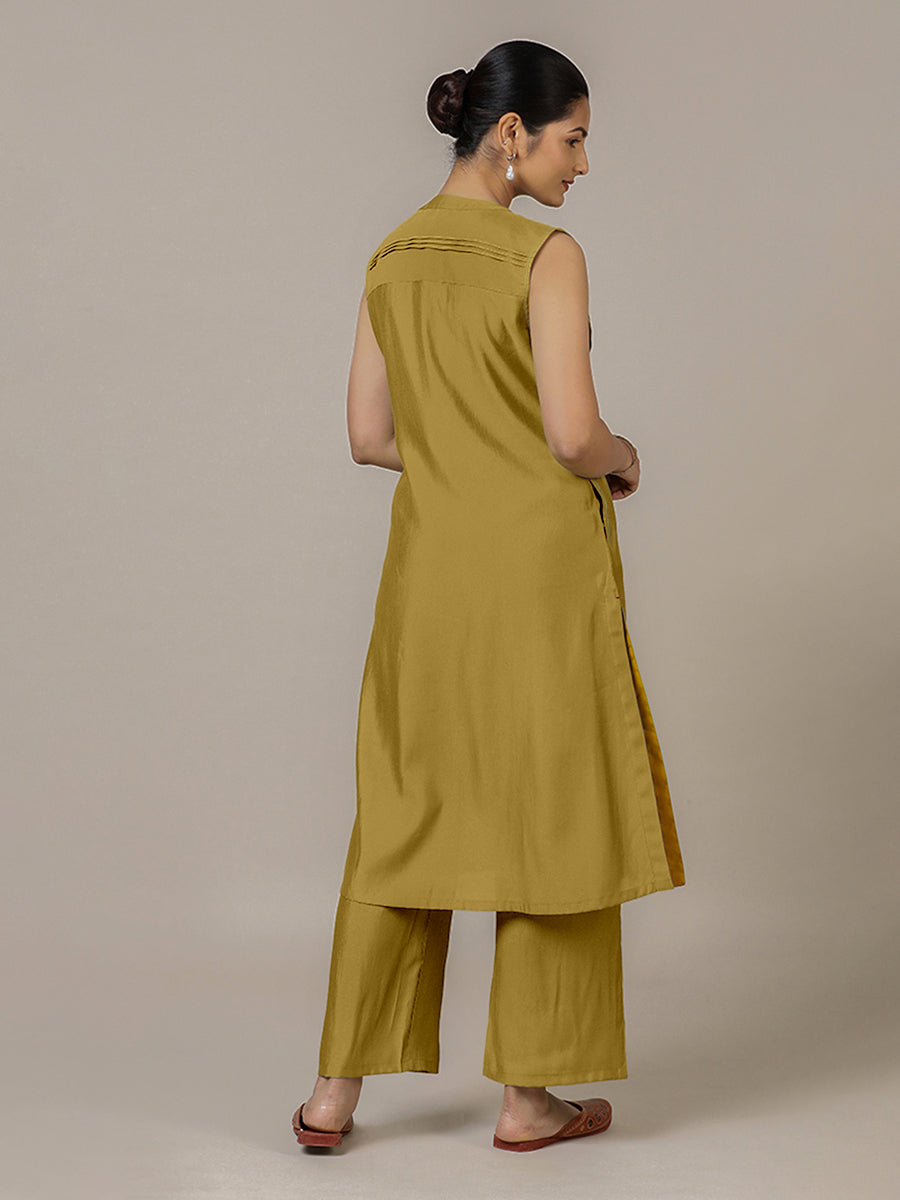 Alina x Rozaana Kurta, in Yellow Viscose, featuring sleeveless and flat collar neckline, made for daily & work (view 2).