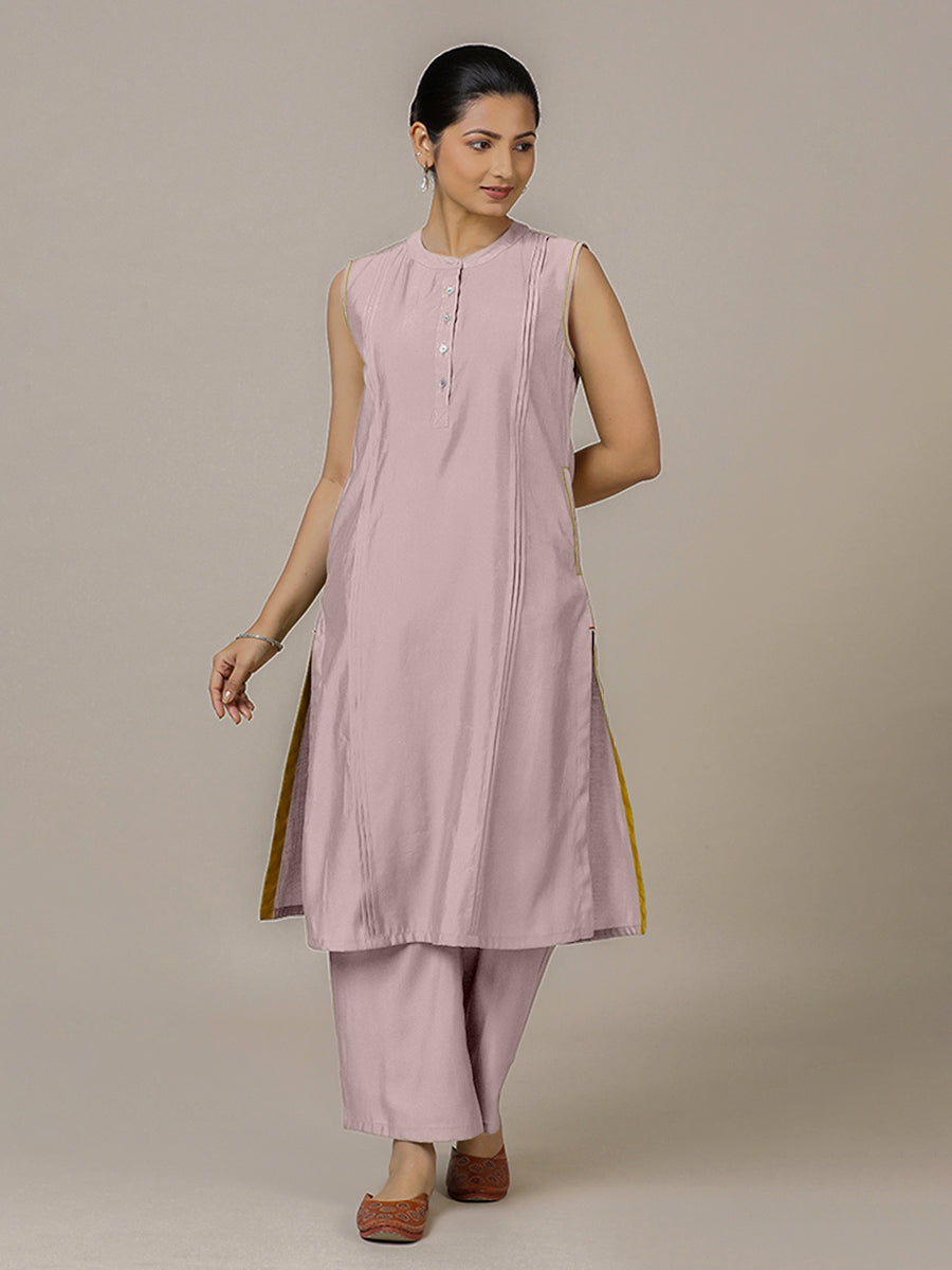 Alina x Rozaana Kurta, in Purple Viscose, featuring sleeveless and flat collar neckline, made for daily & work (view 6).