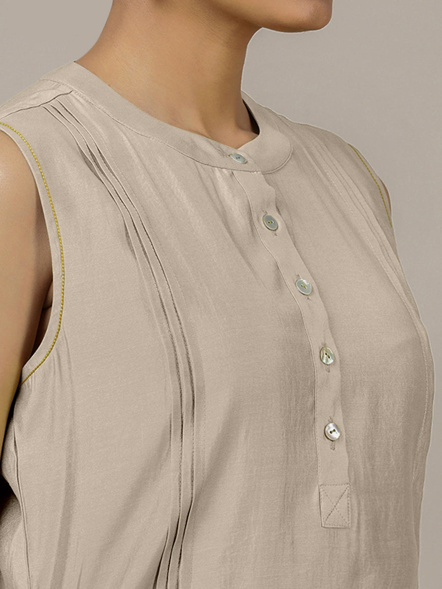 Alina x Rozaana Kurta, in Grey Viscose, featuring sleeveless and flat collar neckline, made for daily & work (view 3).