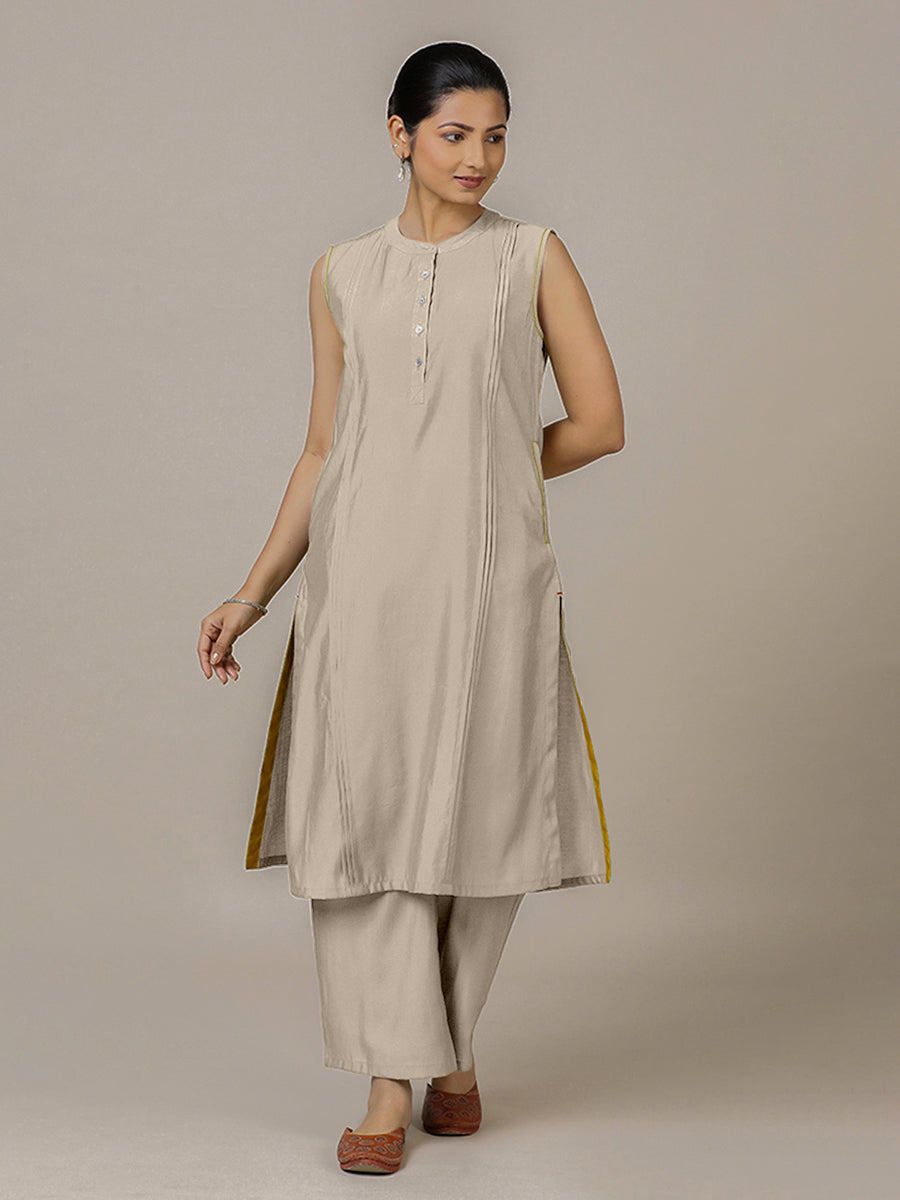 Alina x Rozaana Kurta, in Grey Viscose, featuring sleeveless and flat collar neckline, made for daily & work (view 6).