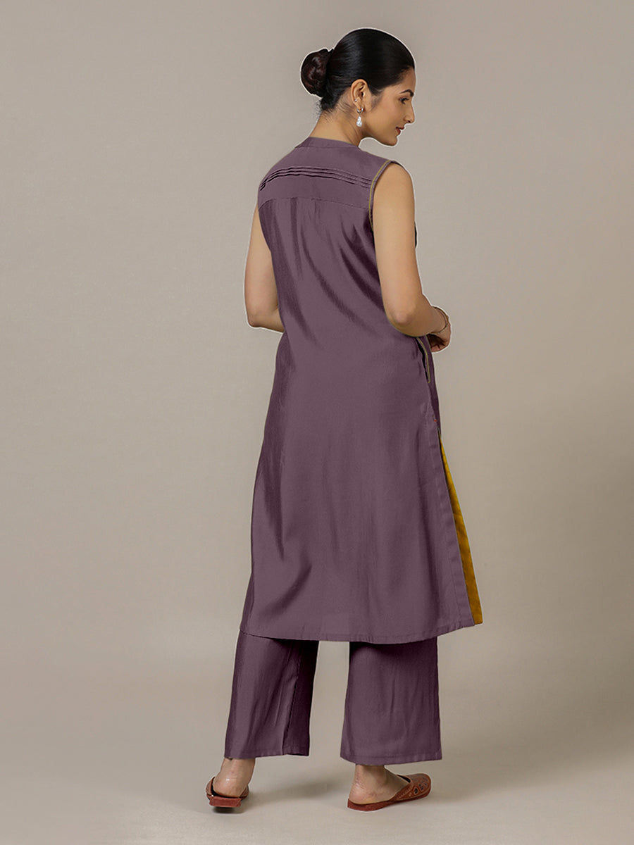 Alina x Rozaana Kurta, in Purple Viscose, featuring sleeveless and flat collar neckline, made for daily & work (view 2).