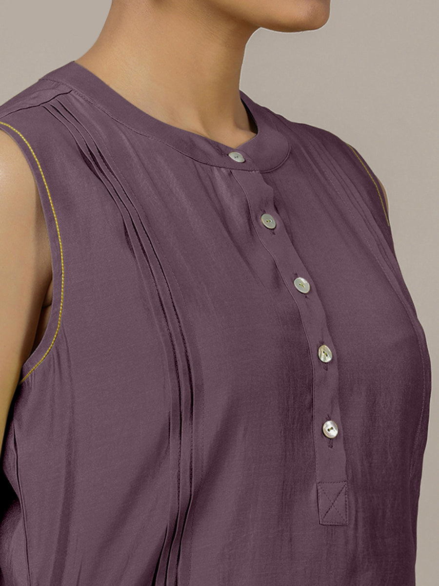 Alina x Rozaana Kurta, in Purple Viscose, featuring sleeveless and flat collar neckline, made for daily & work (view 3).