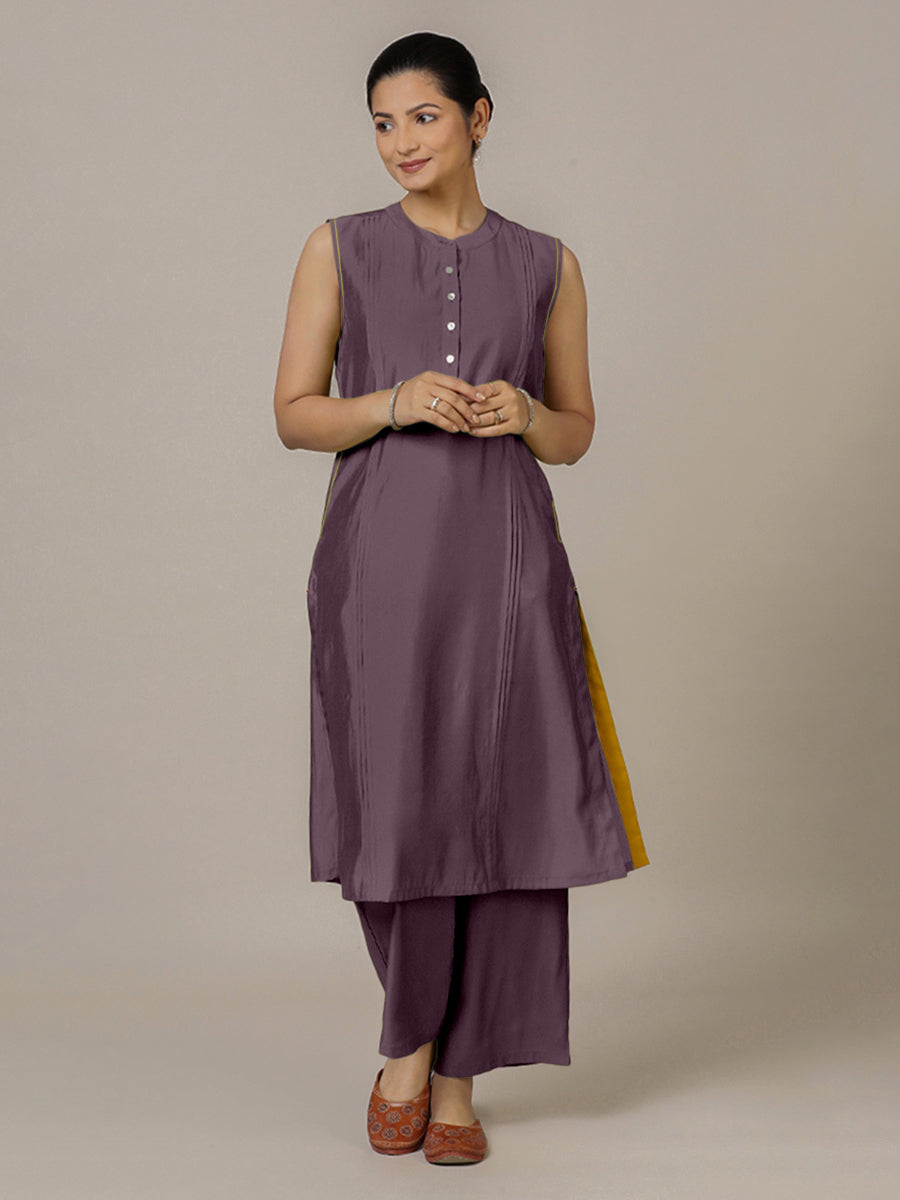 Alina x Rozaana Kurta, in Purple Viscose, featuring sleeveless and flat collar neckline, made for daily & work (view 7).