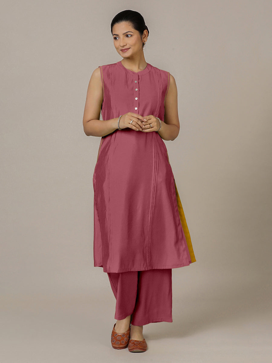Alina x Rozaana Kurta, in Pink Viscose, featuring sleeveless and flat collar neckline, made for daily & work.