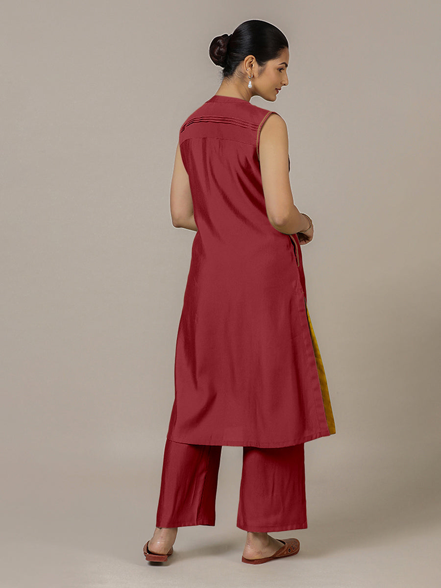 Alina x Rozaana Kurta, in Red Viscose, featuring sleeveless and flat collar neckline, made for daily & work (view 2).