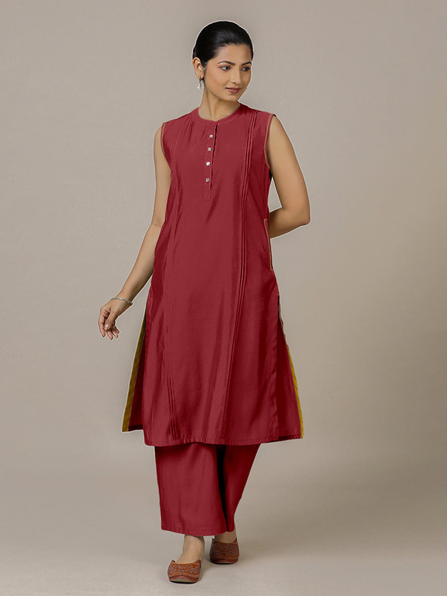 Alina x Rozaana Kurta, in Red Viscose, featuring sleeveless and flat collar neckline, made for daily & work (view 6).