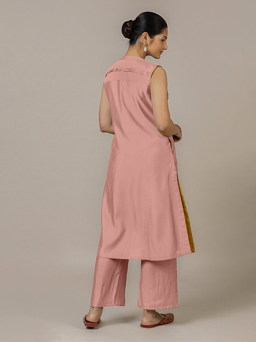 Alina x Rozaana Kurta, in Pink Viscose, featuring sleeveless and flat collar neckline, made for daily & work (view 2).