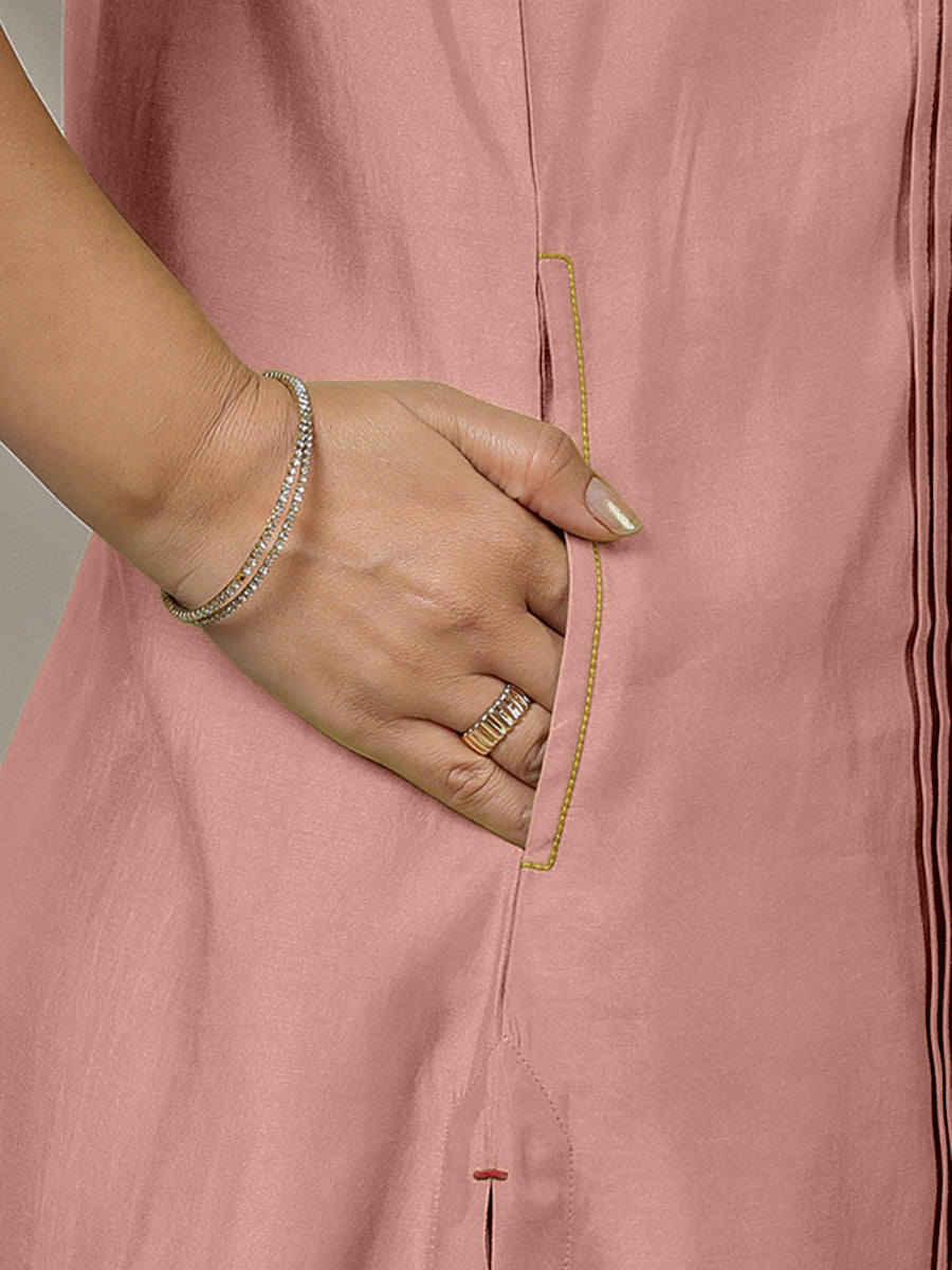Alina x Rozaana Kurta, in Pink Viscose, featuring sleeveless and flat collar neckline, made for daily & work (view 4).