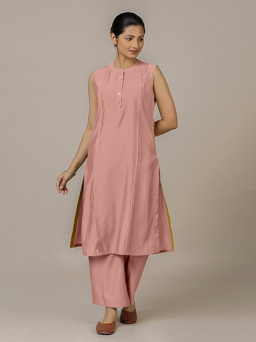 Alina x Rozaana Kurta, in Pink Viscose, featuring sleeveless and flat collar neckline, made for daily & work (view 6).
