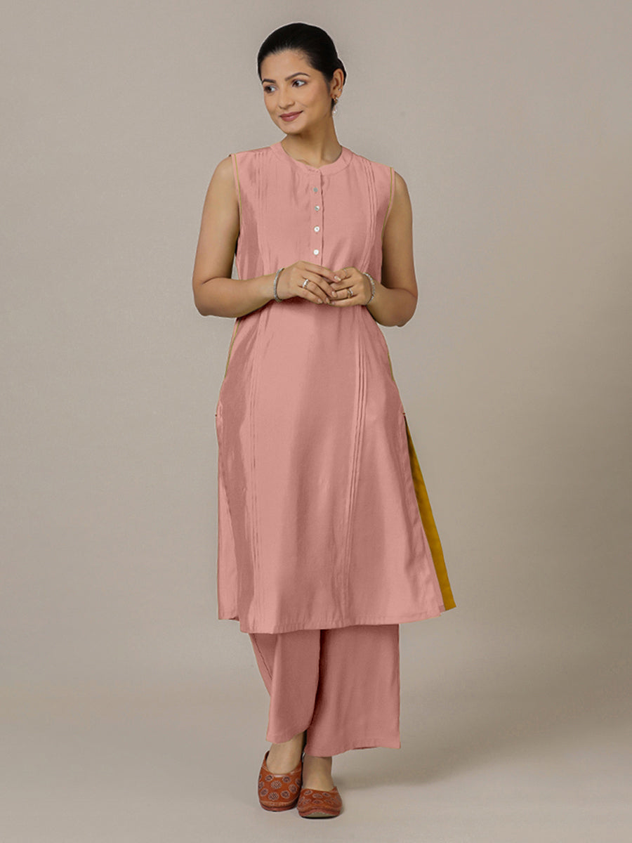 Alina x Rozaana Kurta, in Pink Viscose, featuring sleeveless and flat collar neckline, made for daily & work (view 7).