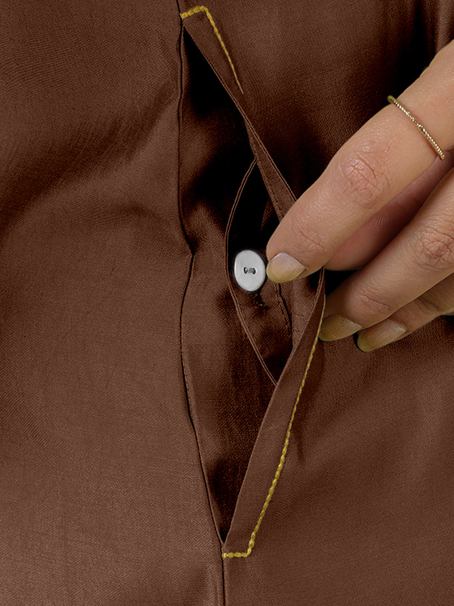 Alina x Rozaana Kurta, in Brown Viscose, featuring sleeveless and flat collar neckline, made for daily & work (view 5).