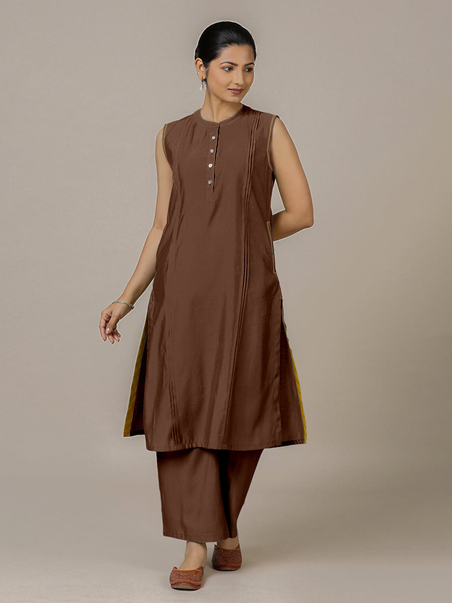 Alina x Rozaana Kurta, in Brown Viscose, featuring sleeveless and flat collar neckline, made for daily & work (view 6).