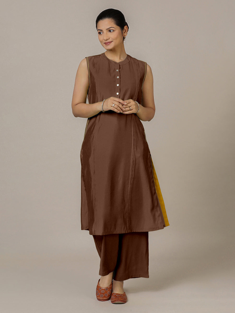 Alina x Rozaana Kurta, in Brown Viscose, featuring sleeveless and flat collar neckline, made for daily & work (view 7).