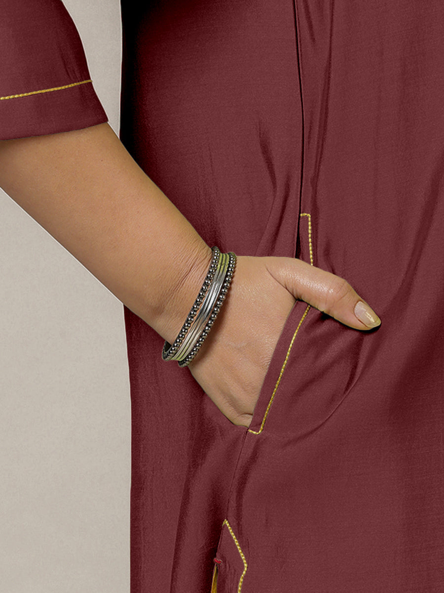 Alisha x Rozaana Kurta, in Maroon Viscose, featuring three quarter sleeves and v-neckline, made for daily & work (view 4).