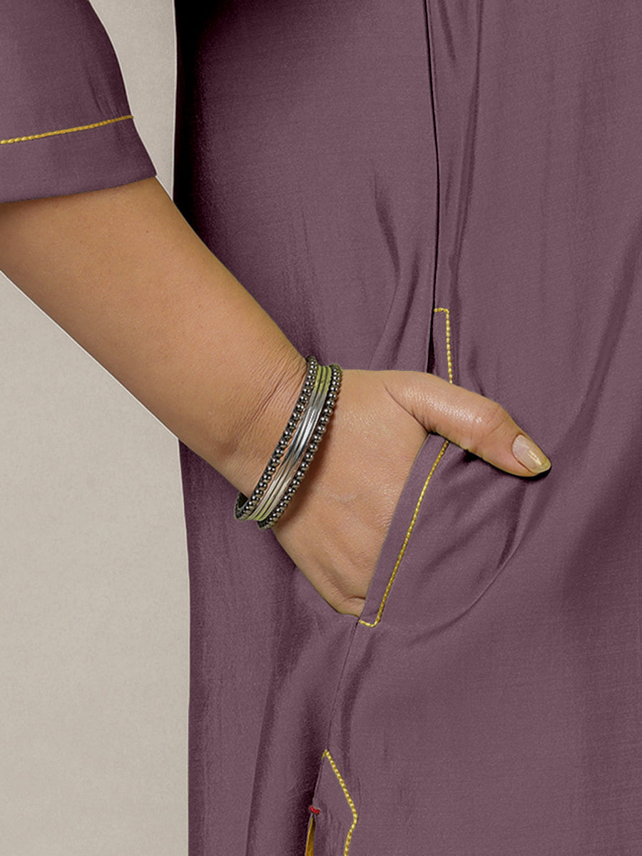 Alisha x Rozaana Kurta, in Purple Viscose, featuring three quarter sleeves and v-neckline, made for daily & work (view 4).