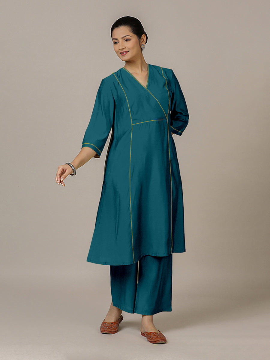 Amal x Rozaana Kurta, in Blue Viscose, featuring three quarter sleeves and overlap v-neckline, made for daily & work (view 5).