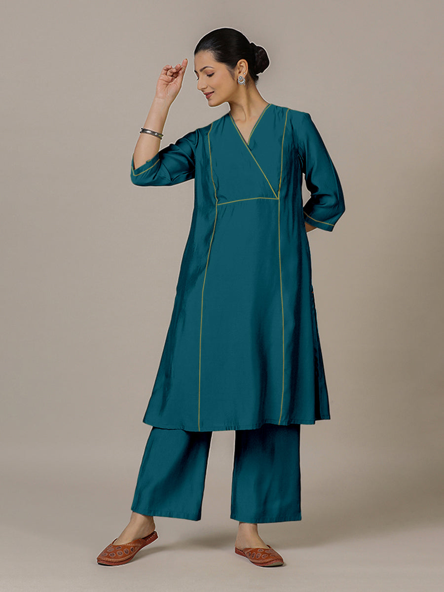 Amal x Rozaana Kurta, in Blue Viscose, featuring three quarter sleeves and overlap v-neckline, made for daily & work (view 7).