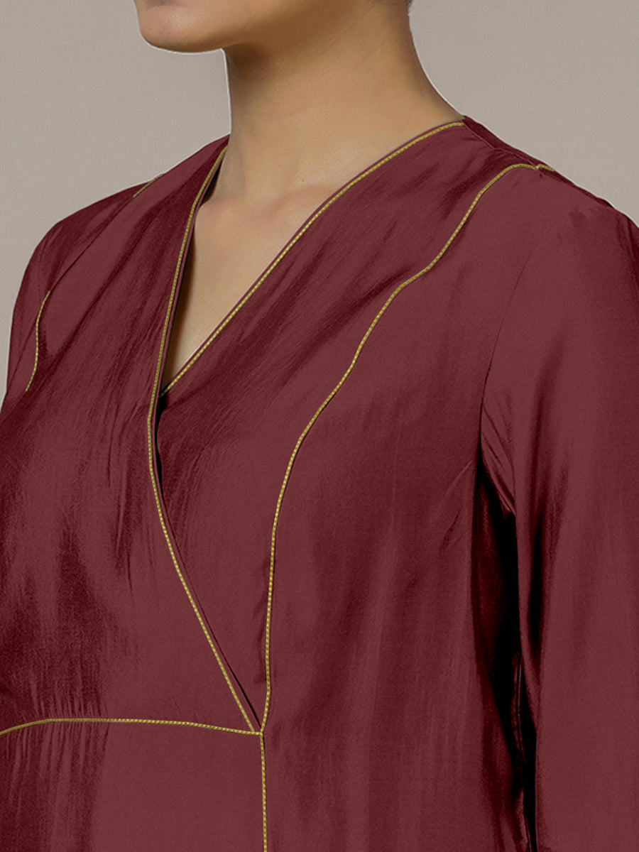Amal x Rozaana Kurta, in Maroon Viscose, featuring three quarter sleeves and overlap v-neckline, made for daily & work (view 3).