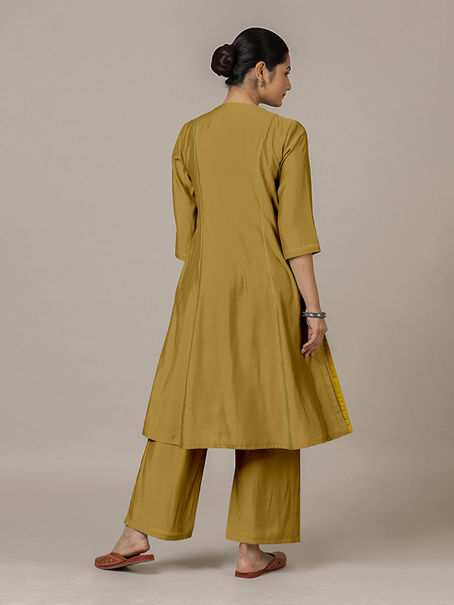 Amal x Rozaana Kurta, in Yellow Viscose, featuring three quarter sleeves and overlap v-neckline, made for daily & work (view 2).