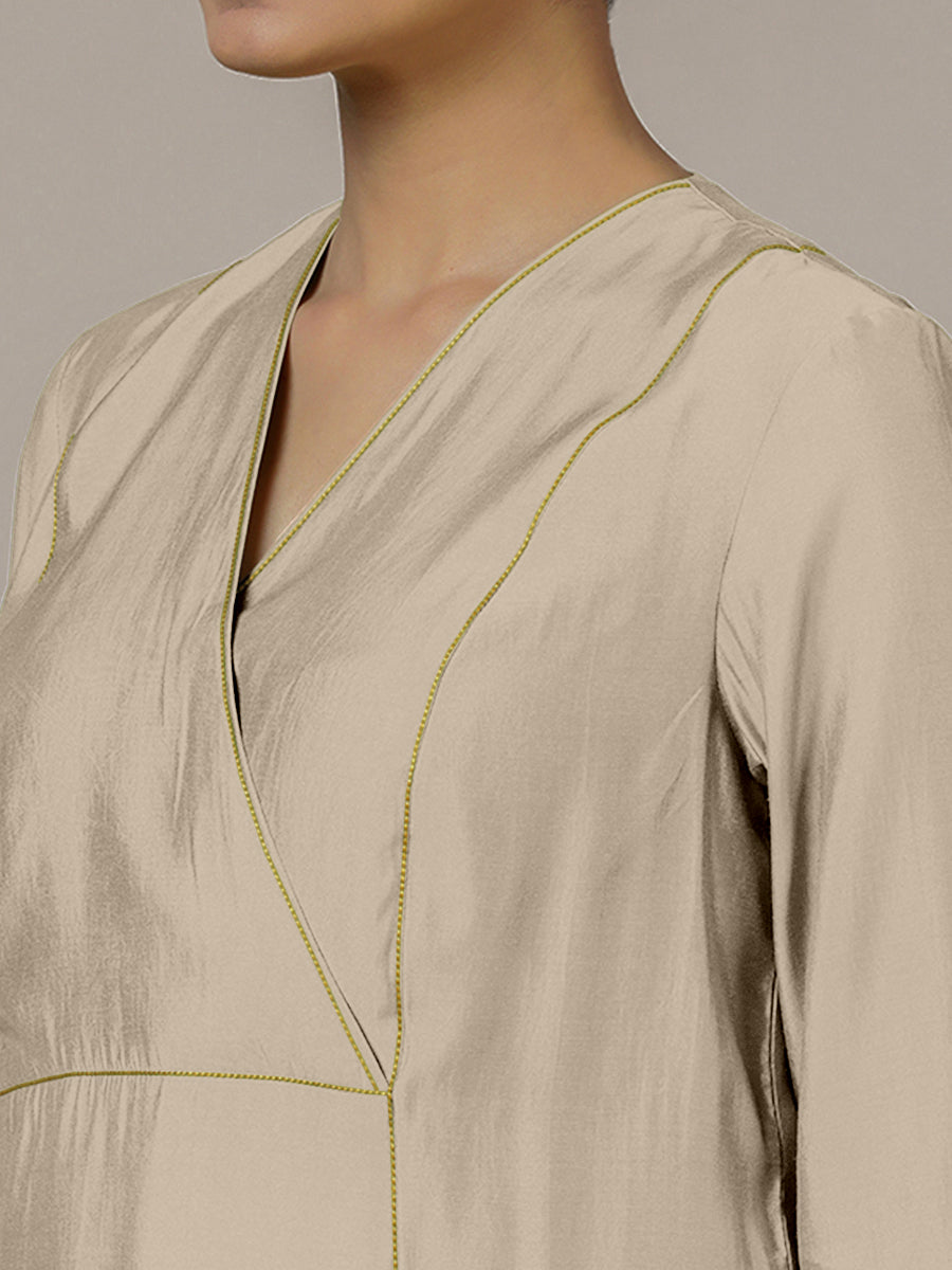 Amal x Rozaana Kurta, in Grey Viscose, featuring three quarter sleeves and overlap v-neckline, made for daily & work (view 3).