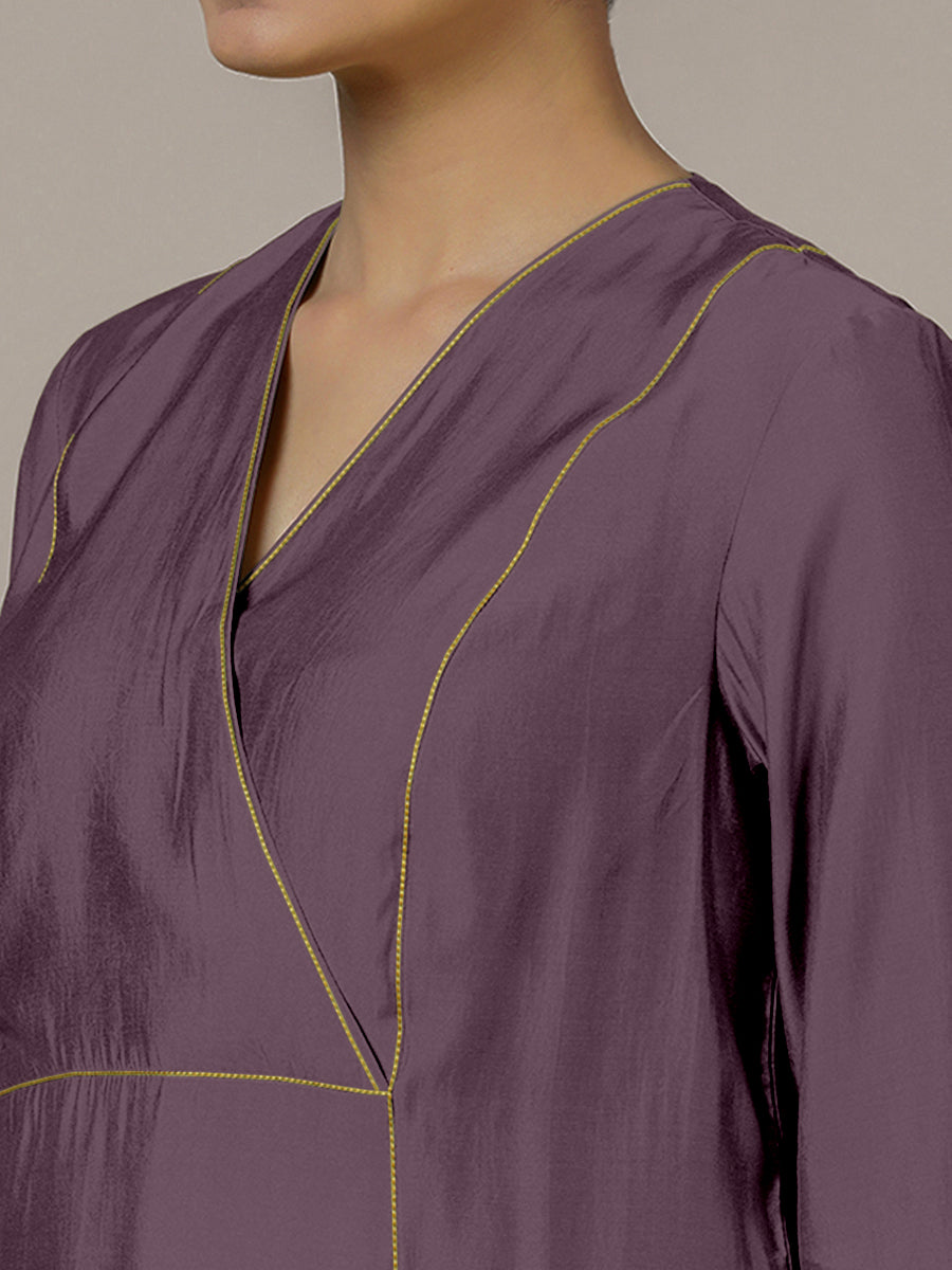 Amal x Rozaana Kurta, in Purple Viscose, featuring three quarter sleeves and overlap v-neckline, made for daily & work (view 3).