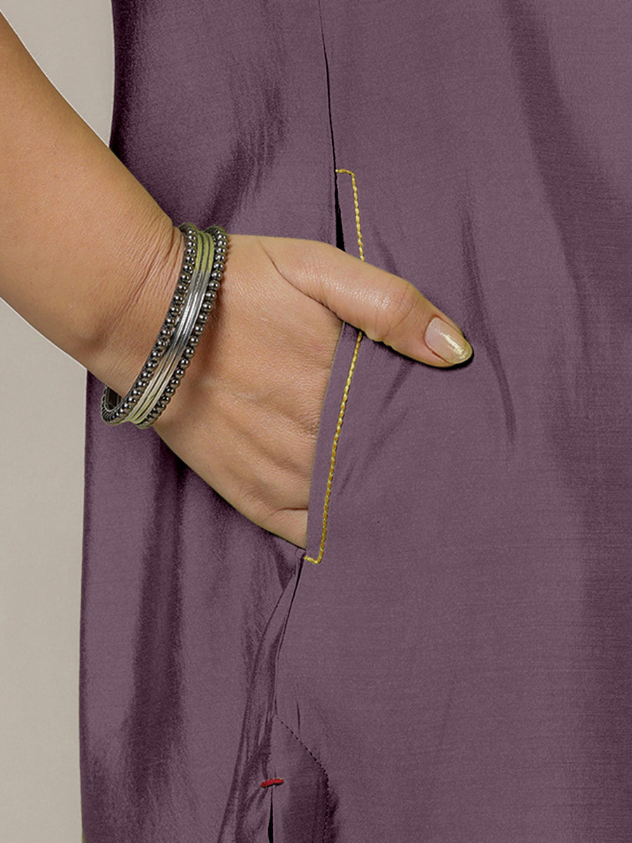 Amal x Rozaana Kurta, in Purple Viscose, featuring three quarter sleeves and overlap v-neckline, made for daily & work (view 4).