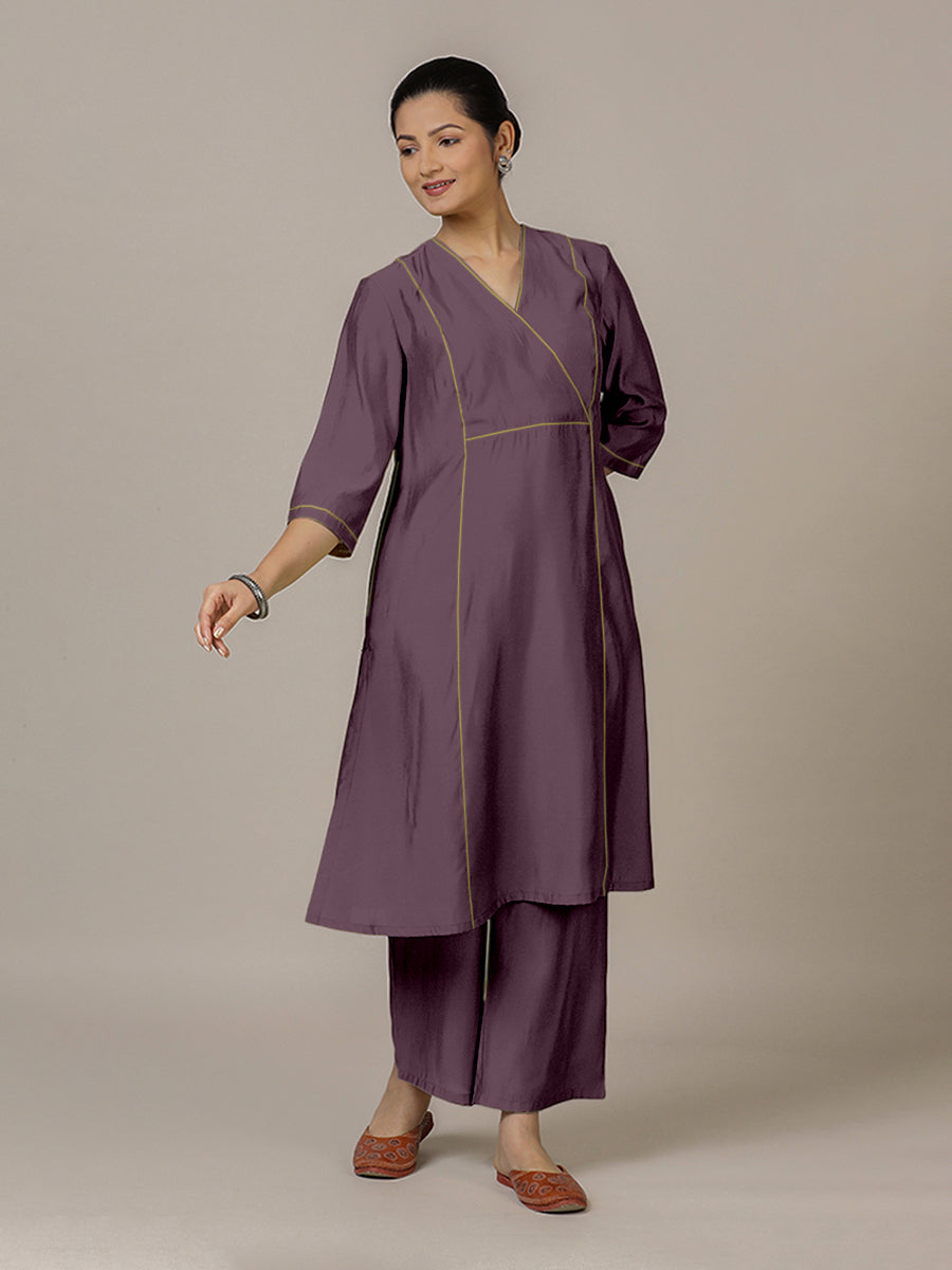 Amal x Rozaana Kurta, in Purple Viscose, featuring three quarter sleeves and overlap v-neckline, made for daily & work (view 5).