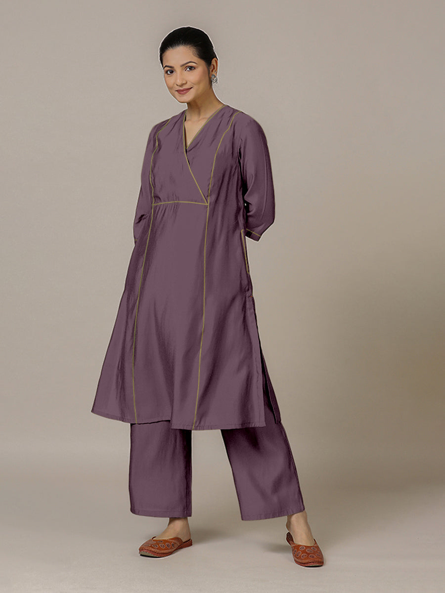 Amal x Rozaana Kurta, in Purple Viscose, featuring three quarter sleeves and overlap v-neckline, made for daily & work (view 6).