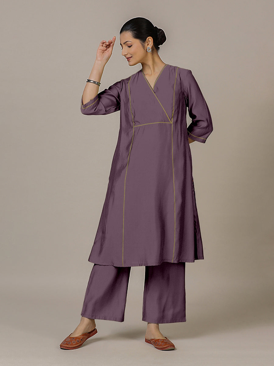 Amal x Rozaana Kurta, in Purple Viscose, featuring three quarter sleeves and overlap v-neckline, made for daily & work (view 7).