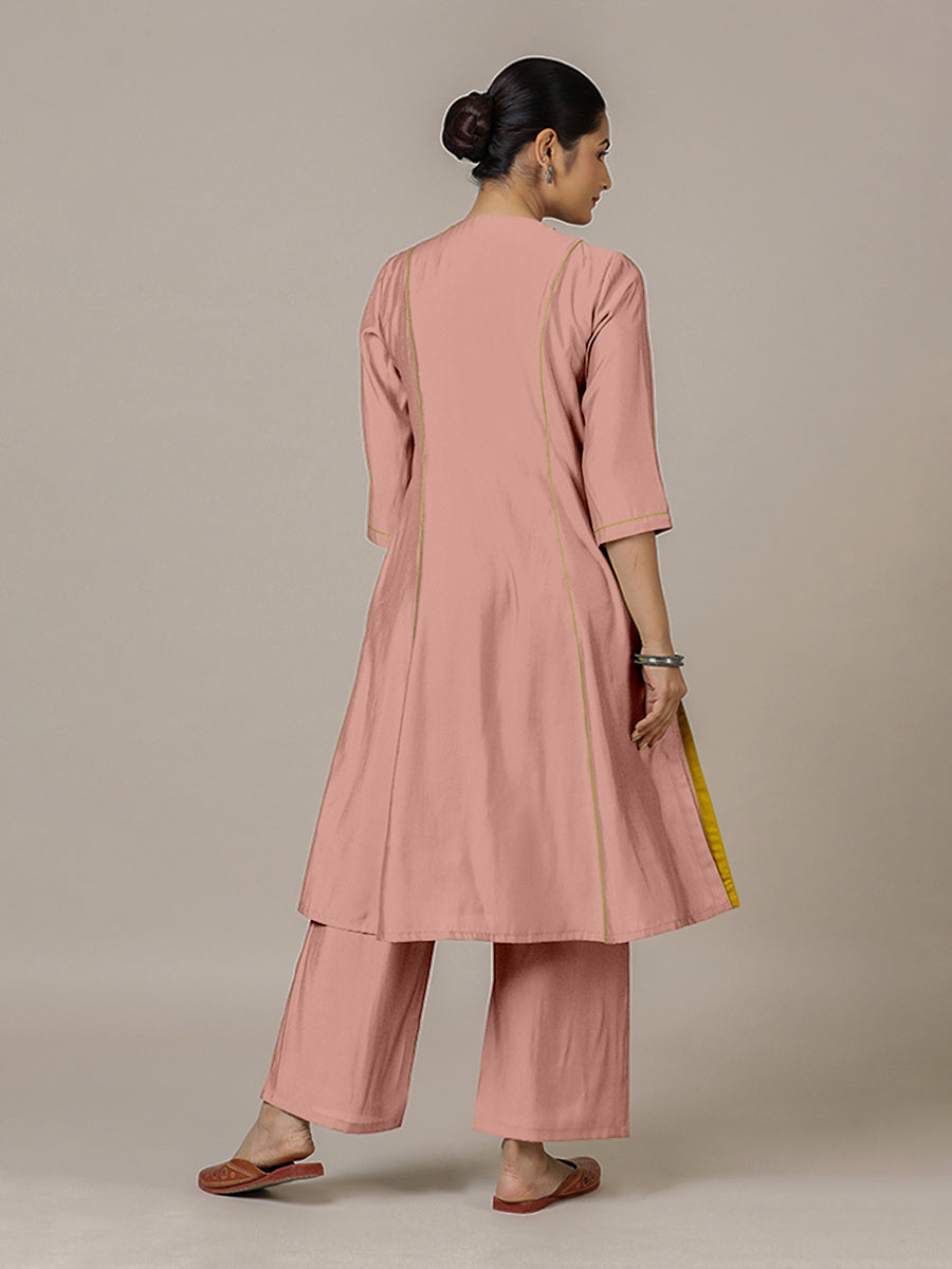Amal x Rozaana Kurta, in Pink Viscose, featuring three quarter sleeves and overlap v-neckline, made for daily & work (view 2).