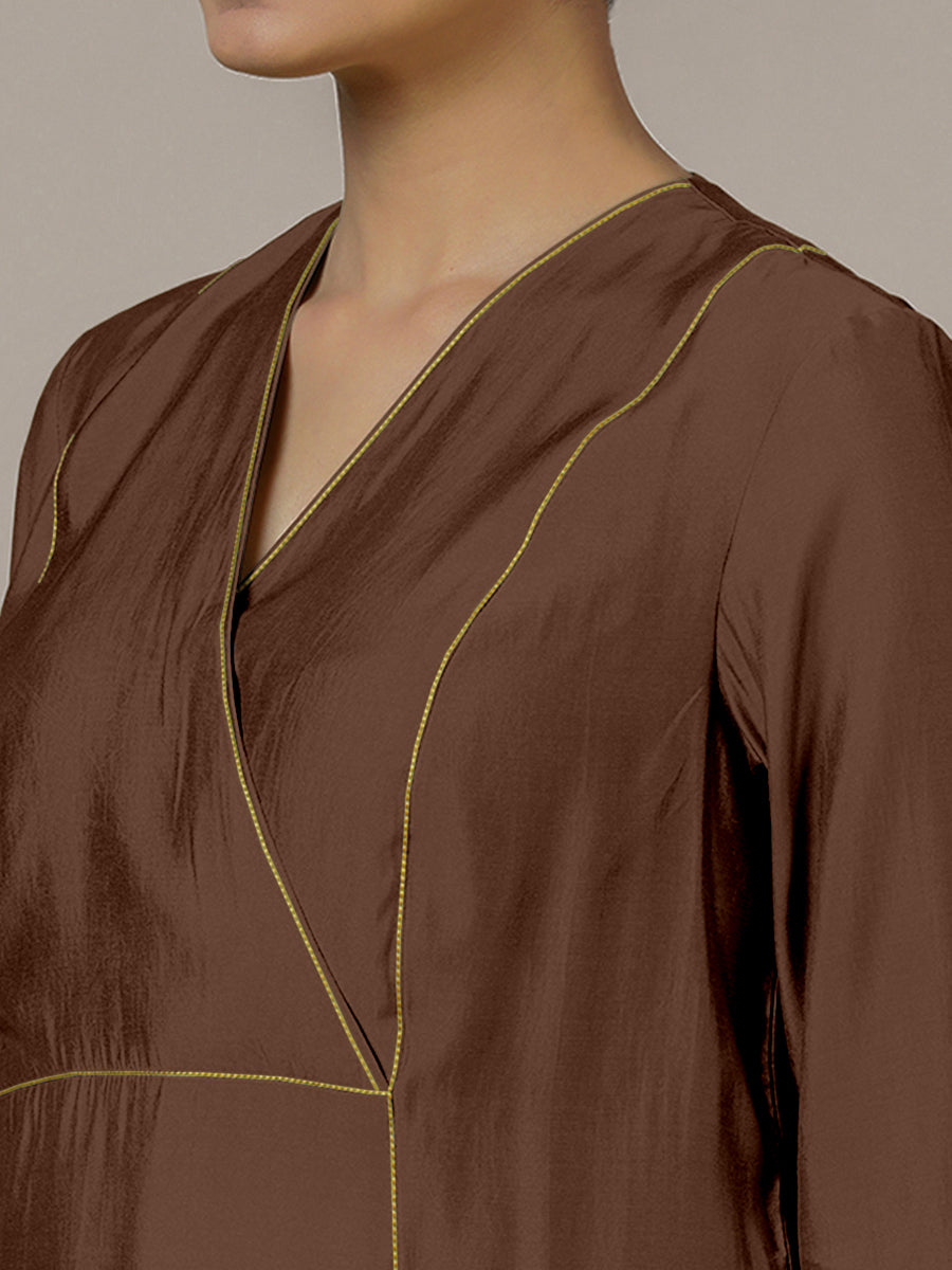 Amal x Rozaana Kurta, in Brown Viscose, featuring three quarter sleeves and overlap v-neckline, made for daily & work (view 3).
