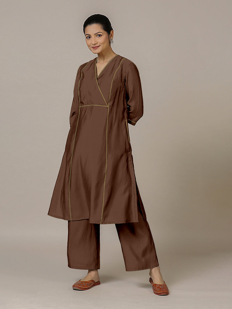 Amal x Rozaana Kurta, in Brown Viscose, featuring three quarter sleeves and overlap v-neckline, made for daily & work (view 6).