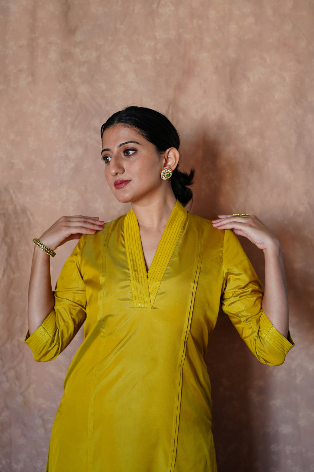 Barkha x Tyohaar Kurta, in Yellow Vegan Silk, featuring three quarter sleeves and overlap v-neckline, made for daily & work.