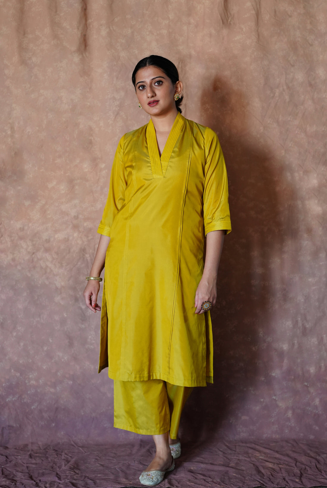 Barkha x Tyohaar Kurta, in Yellow Vegan Silk, featuring three quarter sleeves and overlap v-neckline, made for daily & work.