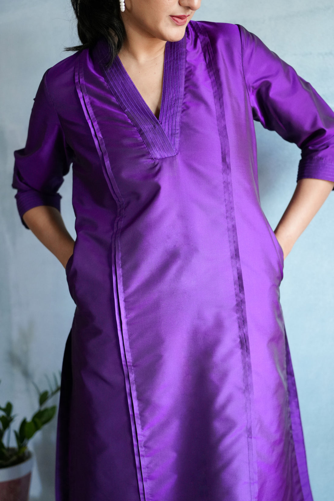 Barkha x Tyohaar Kurta, in Purple Vegan Silk, featuring three quarter sleeves and overlap v-neckline, made for daily & work.