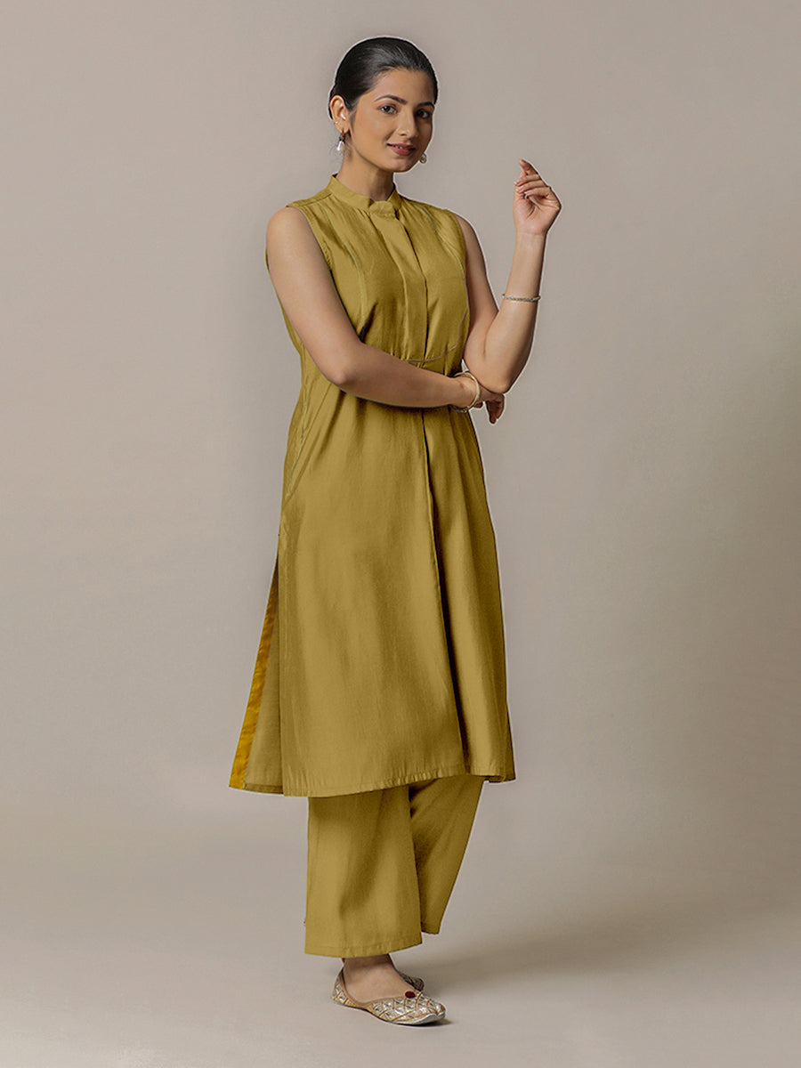 Eira x Rozaana Kurta, in Yellow Viscose, featuring sleeveless and band collar neckline, made for daily & work (view 7).