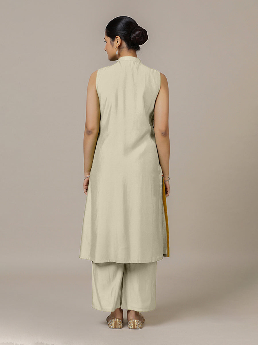 Eira x Rozaana Kurta, in Cream Viscose, featuring sleeveless and band collar neckline, made for daily & work (view 2).