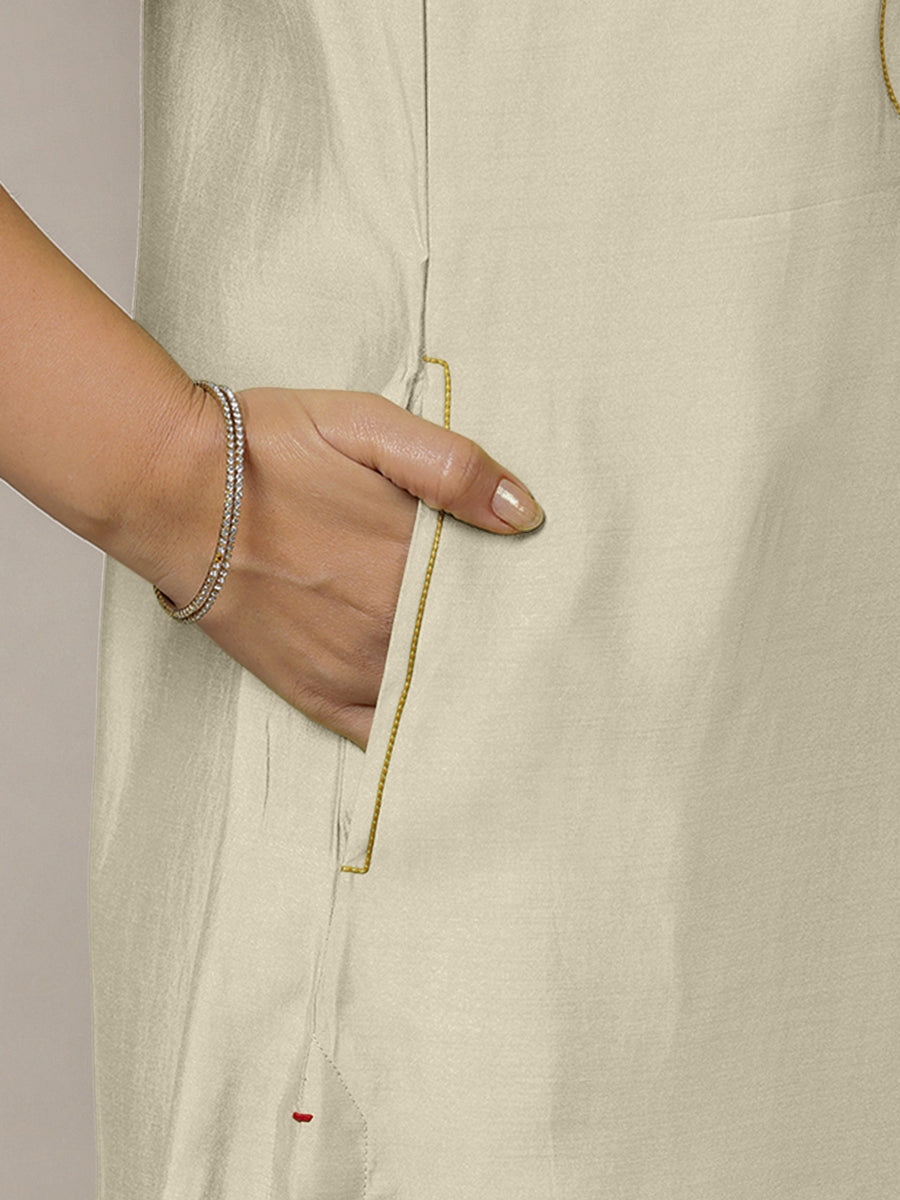 Eira x Rozaana Kurta, in Cream Viscose, featuring sleeveless and band collar neckline, made for daily & work (view 5).