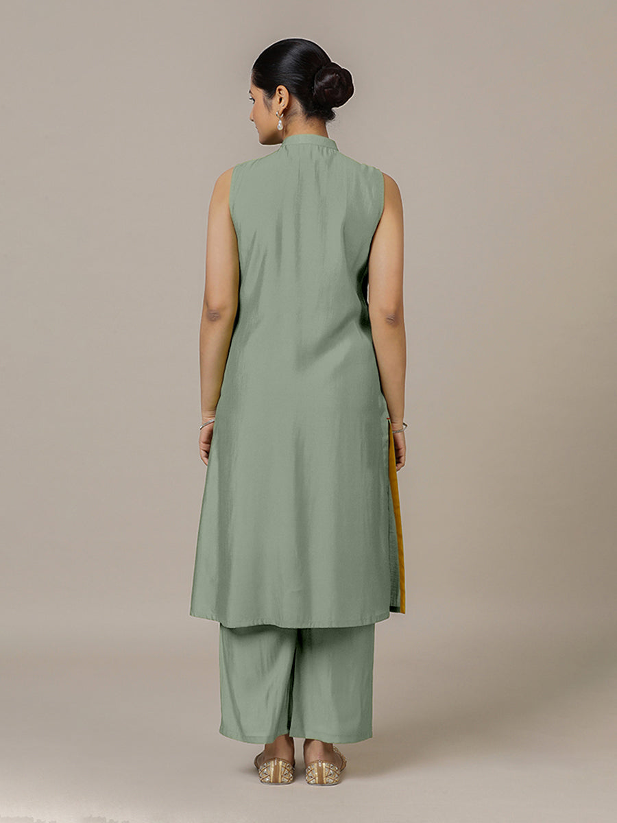 Eira x Rozaana Kurta, in Green Viscose, featuring sleeveless and band collar neckline, made for daily & work (view 2).