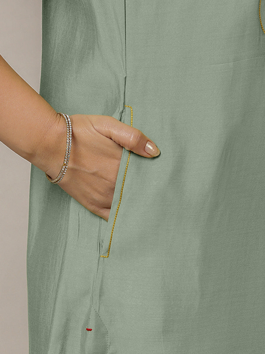 Eira x Rozaana Kurta, in Green Viscose, featuring sleeveless and band collar neckline, made for daily & work (view 5).