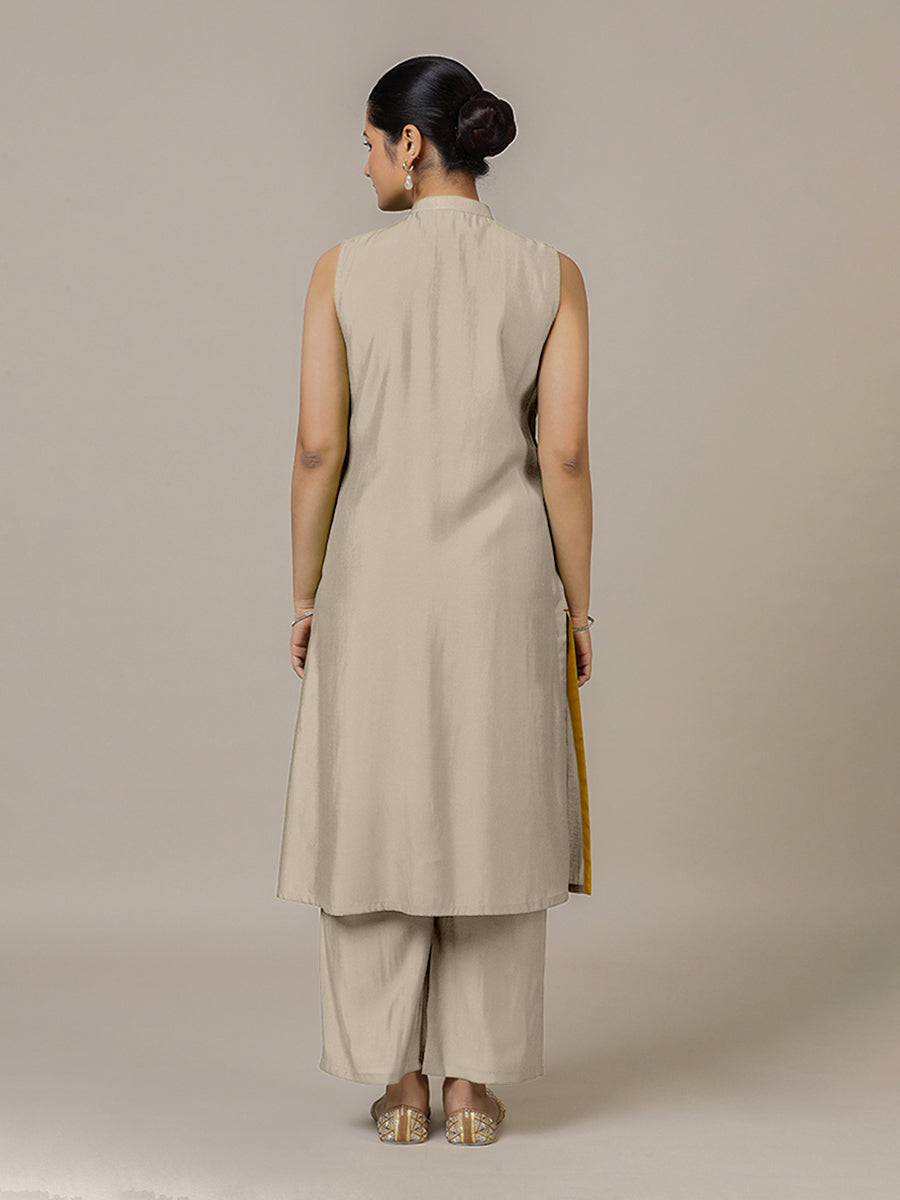 Eira x Rozaana Kurta, in Grey Viscose, featuring sleeveless and band collar neckline, made for daily & work (view 2).