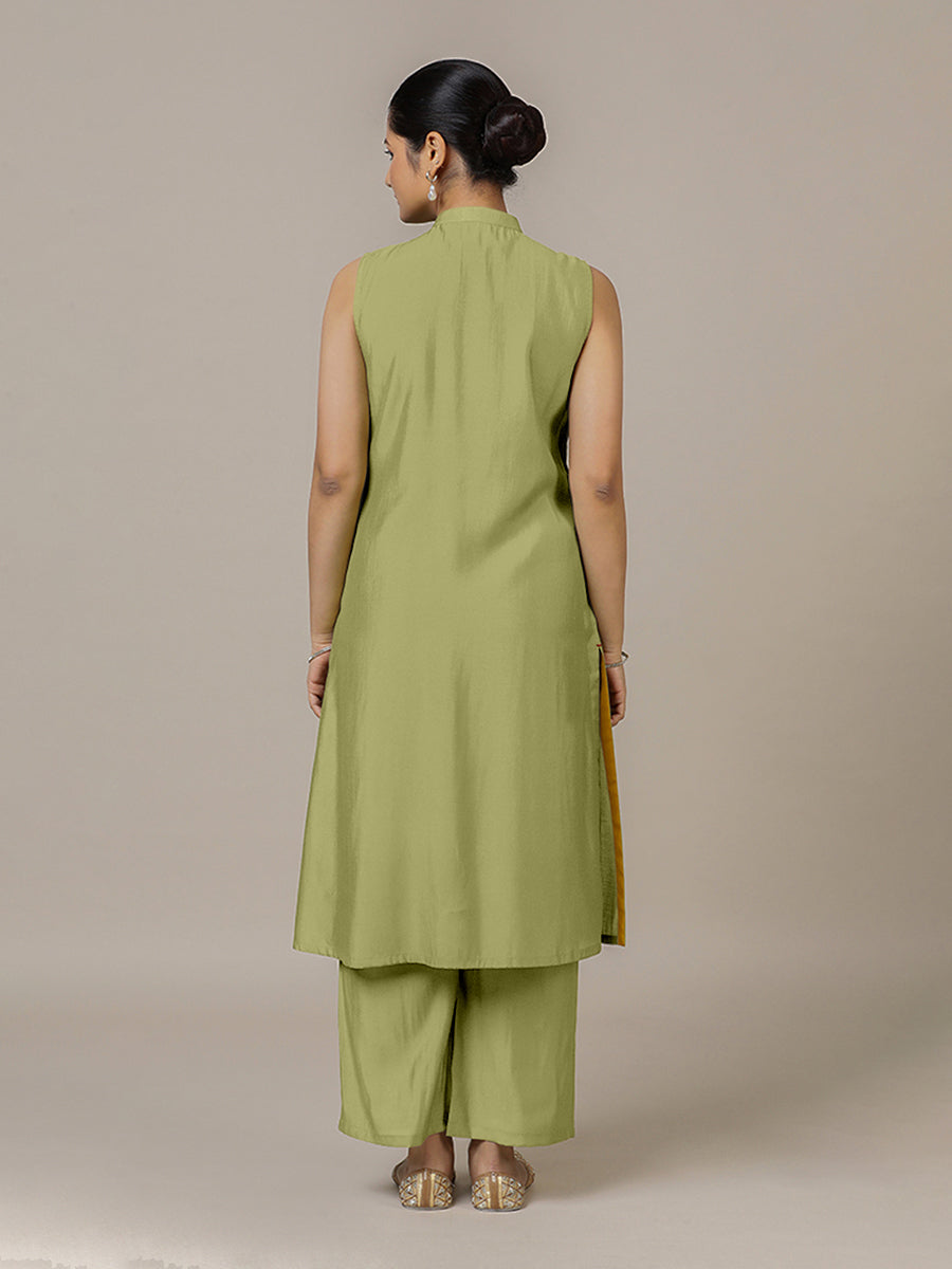 Eira x Rozaana Kurta, in Green Viscose, featuring sleeveless and band collar neckline, made for daily & work (view 2).